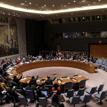 Security Council members cast their votes in favor of the adoption of the agenda on human rights abuses by North Korea in New York on December 10, 2015.