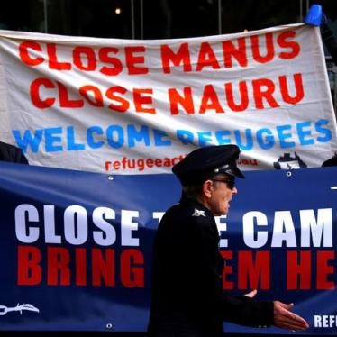 Demonstrators protest against the detention of asylum seekers at Australian-run offshore detention centers on the island of Nauru and Papua New Guinea’s Manus Island, in Sydney, Australia, August 31, 2017.