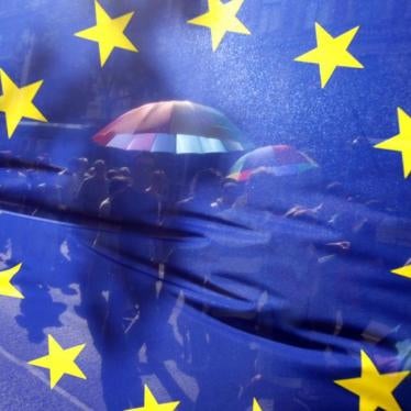 People walk behind the European Union's flag during the annual gay parade in Budapest July 5, 2008.