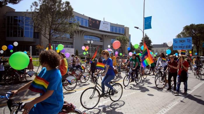 Participants ride bikes during the Gay Pride Parade in Tirana, Albania, May 13, 2017. 