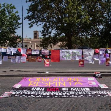 Banners and posters from a sit-in by pro-choice activists at the Ministry of Health in Rome on July 2, 2020.