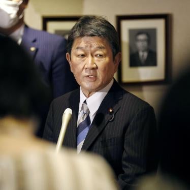 Japanese Foreign Minister Toshimitsu Motegi meets the media in Tokyo on May 28, 2020. 