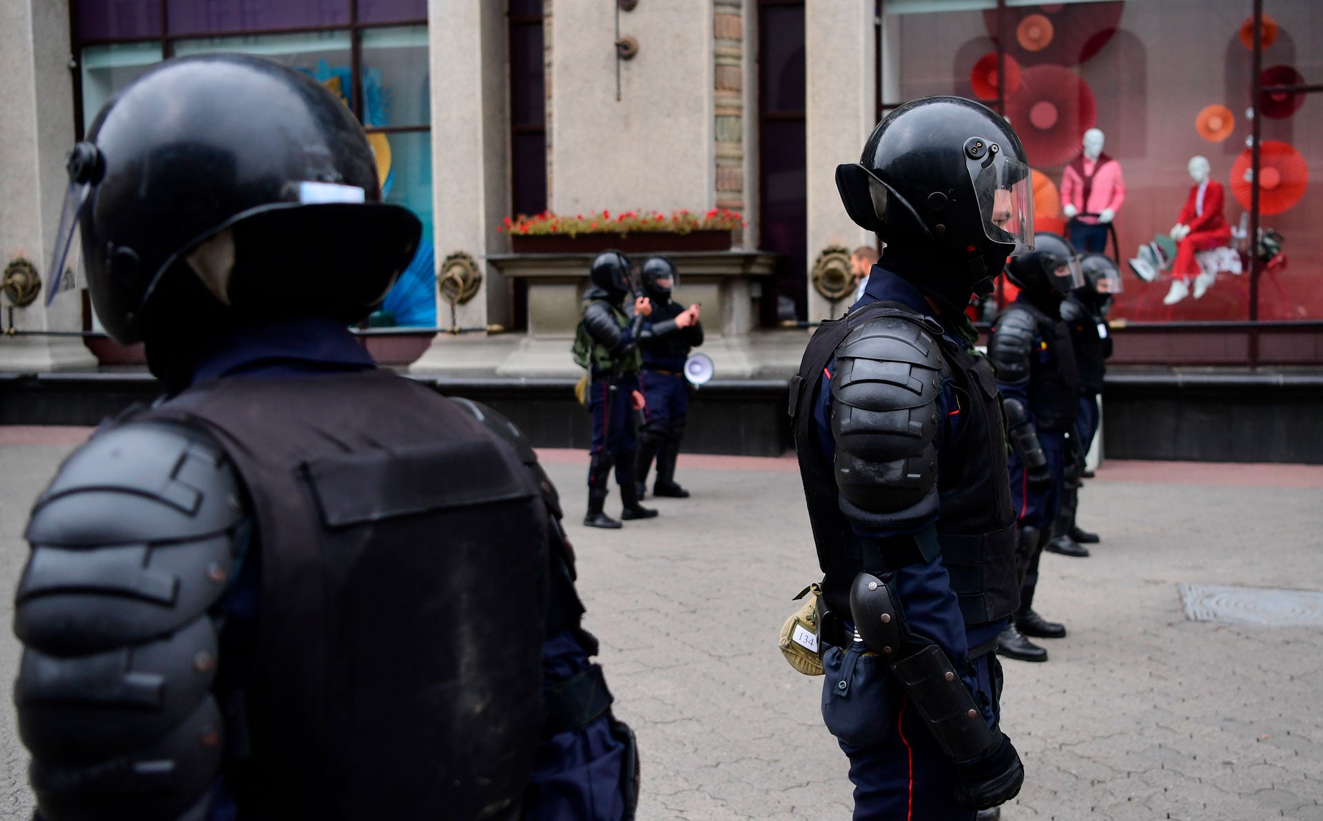 Riot police stand guard during demonstrations against police violence in Minsk, Belarus, September 6, 2020. 