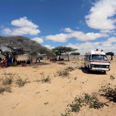 An ambulance transports patients to a  hospital from a camp for the internally displaced people on the outskirts Mogadishu, Somalia, March 2017.