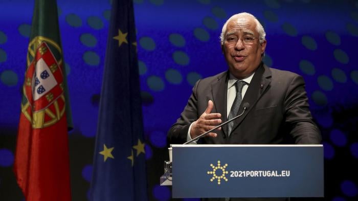 Portugal Prime Minister Antonio Costa at a press conference at the Belem Cultural Center in Lisbon, Friday, January 15, 2021.