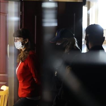 Katsiaryna Barysevich, a journalist for the independent TUT.BY news website enters a court room during a trial in Minsk on 19 February, 2021. 