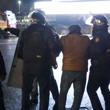 Police detain a protester in the center of Almaty, Kazakhstan, on Wednesday, Jan. 5, 2022.