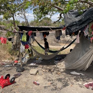 An improvised shelter in Vichada state, Colombia, where Indigenous people fleeing Venezuela's Apure state live in poor conditions, without sufficient access to food, drinking water, and health services, February 2022.