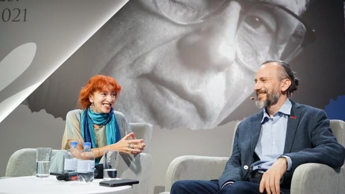 Tanya Lokshina, Europe and Central Asia associate director at Human Rights Watch, with Sergey Lukashevsky, director of Moscow's Sakharov Center, at the Andrei Sakharov Anniversary Conference.