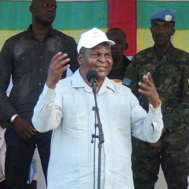 Central African President Faustin-Archange Touadera speaks during the referendum campaign