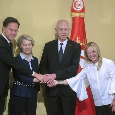 Netherlands' Prime Minister Mark Rutte, left, European Commission President Ursula von der Leyen, Tunisian President Kais Saied, centre, right and Italian Prime Minister Giorgia Meloni, right, at the presidential palace in Carthage, Tunisia, July 16, 2023. 