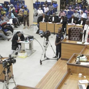 Inside of the courtroom in Conakry where a domestic trial is ongoing for crimes committed during the 2009 Stadium Massacre. 