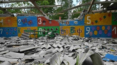 The destroyed playground of a kindergarten