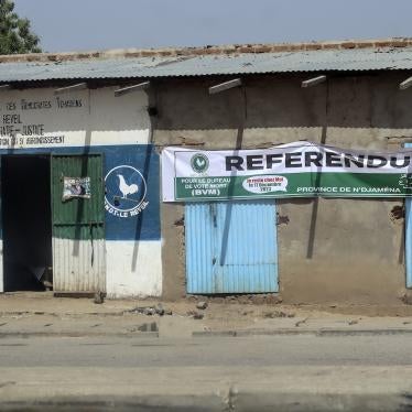 A general view of a banner of the National Rally for Democracy in Chad calling on citizens to stay at home during the referendum vote, in N'Djamena on December 13, 2023.