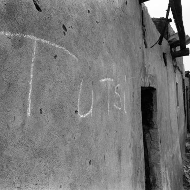 One of many houses marked with the word "Tutsi" stands in a deserted village in eastern Rwanda, just a few kilometers from a church at Nyarubuye in which more than 1,000 people were massacred by Hutu militiamen.