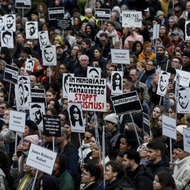 Demonstrators mark the anniversary of a far-right extremist attack on February 19, 2020 in Hanau, Germany, that killed nine persons of predominantly Muslim background, February 17, 2024.