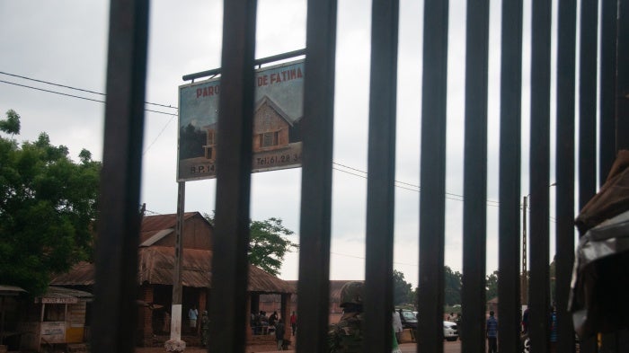 The sign outside the Notre-Dame church after the killings in May 2014, Fatima neighborhood, Bangui, Central African Republic, June 24, 2014.