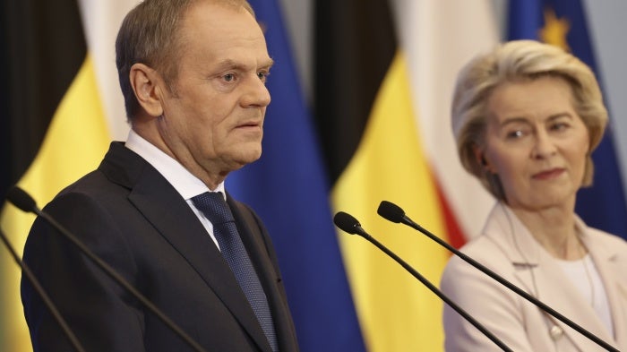 Prime Minister of Poland Donald Tusk and President of the European Commission Ursula von der Leyen during press conference after their meeting in Warsaw, Poland, February 23, 2024.