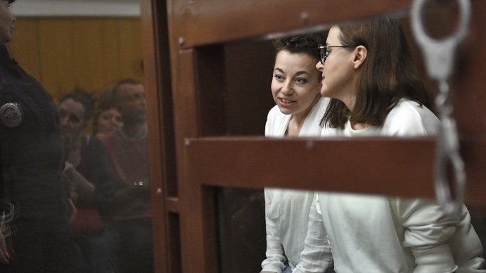 Director Yevgenia Berkovich and playwright Svetlana Petriychuk in the Khamovniki District Court, in Moscoa, Russia on June 9, 2023.