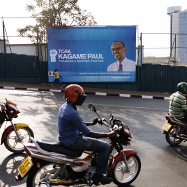 An electoral poster for Rwandan President Paul Kagame during the last days of campaigning on July 29, 2017, in Kigali, Rwanda.