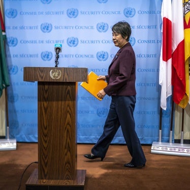 Japanese Foreign Minister Yoko Kamikawa arrives to give remarks following a meeting of the United Nations Security Council