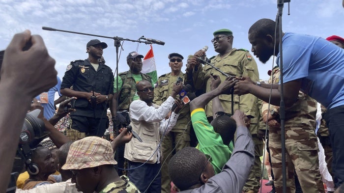 Mohamed Toumba, an officer involved in the ouster of Nigerien President Mohamed Bazoum, addresses supporters of the military junta in Niamey, Niger, August 6, 2023.