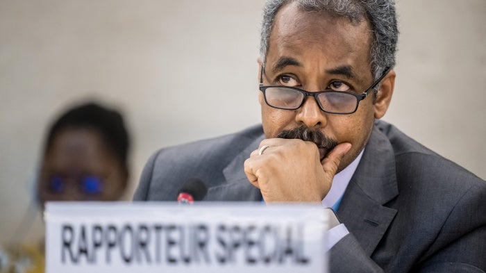 Special Rapporteur on the situation of human rights in Eritrea, Mohamed Abdelsalam Babiker, during the 55th session of the Human Rights Council in Geneva, Switzerland, February 28, 2024. 