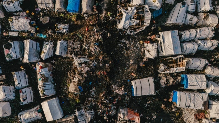 Displacement camp shelters destroyed in the impact zone of a 122mm rocket strike on May 3, which killed at least 17 civilians of whom 15 were children, Goma, North Kivu province, DR Congo, May 4, 2024.