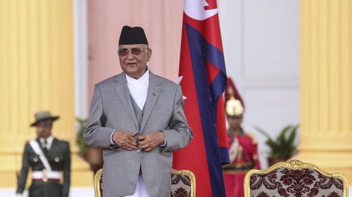 Nepal's newly appointed Prime Minister KP Sharma Oli after the completion of the oath ceremony in Kathmandu, Nepal, on July 15, 2024. 