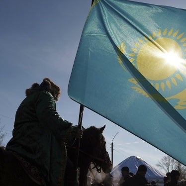 Kazakhstan’s national flag flies in the village of Saumalkol, North Kazakhstan region, March 22, 2023. 