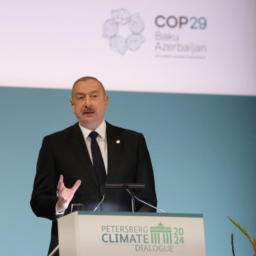 President Ilham Aliyev of Azerbaijan speaks on day two of the Petersberg Climate Dialogue in Berlin, Germany, April 26, 2024.