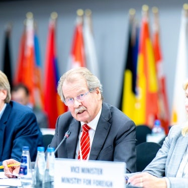 Hugh Williamson, far left, addresses the opening of the OSCE Warsaw Human Dimension Conference, 30 September 2024.