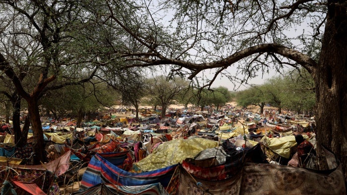 Makeshift shelters for Sudanese refugees who have fled from Darfur, Sudan to Borota, Chad.