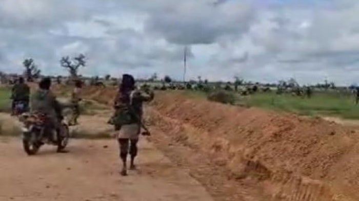 Screenshot of a video seemingly filmed by the JNIM showing fighters along the trench during the attack on Barsalogho, Sanmatenga province, Burkina Faso, on August 24, 2024. 