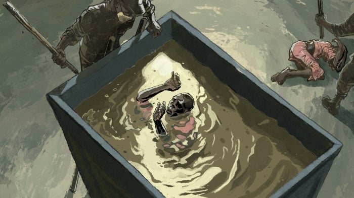 An illustration of the “Yordani”, a torture site within Nyarugenge and Rubavu prisons in Rwanda where detainees were forced into tanks of dirty water, submerged and beaten. 