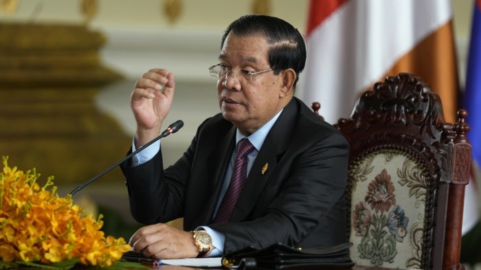 Cambodia's senate president and former prime minister Hun Sen gives a press conference at the National Assembly in Phnom Penh, Cambodia, August 22, 2023.