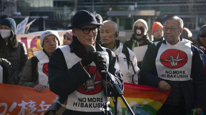 Atomic bomb survivors from Japan rally opposite the United Nations in New York during a meeting of the Treaty on the Prohibition of Nuclear Weapons, November 2023.