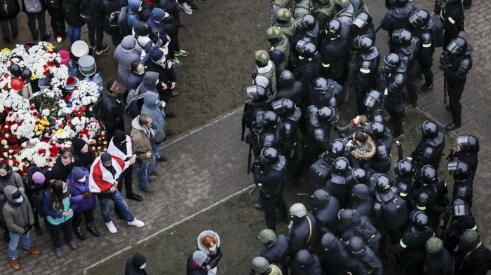 Belarusian riot police block participants at an opposition rally in Minsk, Belarus, shortly before parliamentary and local elections, and in the aftermath of the controversial presidential election results which were officially declared in favor of Alexander Lukashenko, November 15, 2020. 