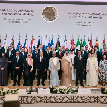 Participants in the 27th Joint GCC-EU Ministerial Council pose for a group photo in Muscat on October 10, 2023. 