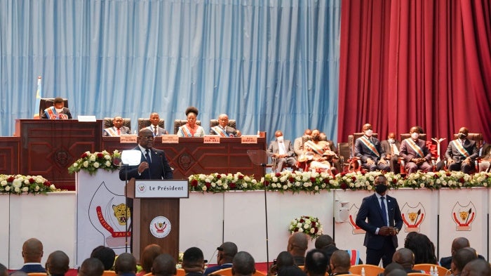 President Felix Tshisekedi gives his annual State of the Nation address during a joint session of parliament in Kinshasa