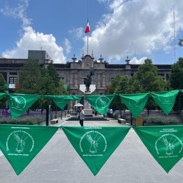 Green handkerchiefs bearing the slogan "Abortion for All of Mexico" in front of the State of Mexico Congress on September 19, 2024, in Toluca, Mexico. 