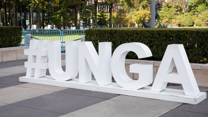 #UNGA sign in front of UN Headquarters in New York. 