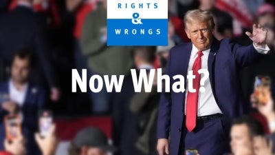 Image of Donald Trump addressing crowd under Rights & Wrongs logo and title. 