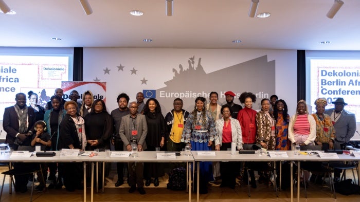 The 19 delegates, UK Labour MP Bell Ribeiro-Addy, organizers and facilitators at the Dekoloniale Berlin Africa Conference, November 15, 2024.