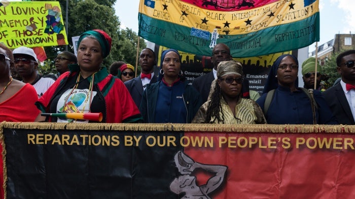 Hundreds of people of African descent took part in the African Emancipation Day Reparations March in London, August 1, 2017. 