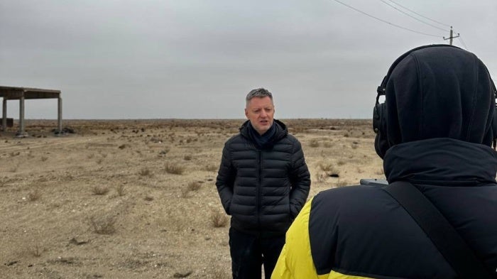 Aleksei Privovarov speaks to the camera in Nukus, Karakalpakstan, December 1, 2024.