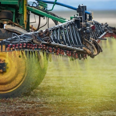 Herbicide is sprayed on a soybean field in the Cerrado plains near Campo Verde, Mato Grosso state, western Brazil.