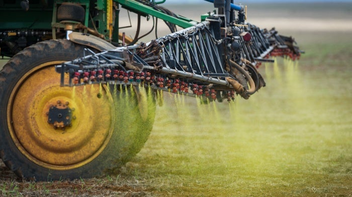 Herbicide is sprayed on a soybean field in the Cerrado plains near Campo Verde, Mato Grosso state, western Brazil. 