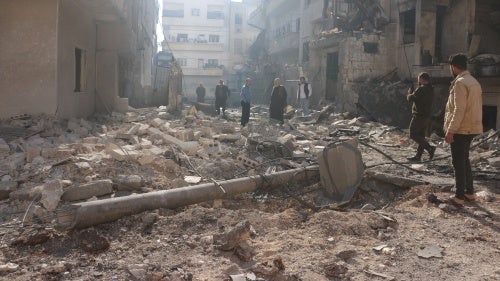 Residential areas are damaged following an airstrike by Syrian Arab Armed Forces on the city center of Idlib, northwestern Syria, December 1, 2024.