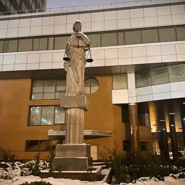 A statue of Themis, the Greek goddess of justice, near Kyiv's Court of Appeal.